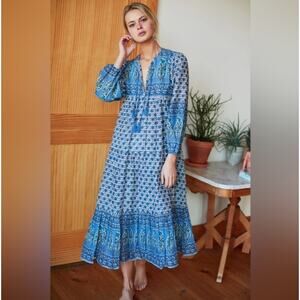 Emerson Frye India Collection Heirloom Blue Floral Tiered Midi Dress Medium